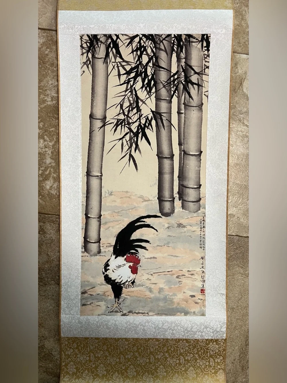 China Old Scroll Wall Hanging Painting Xu Beihong's Ink Painting of Rooster